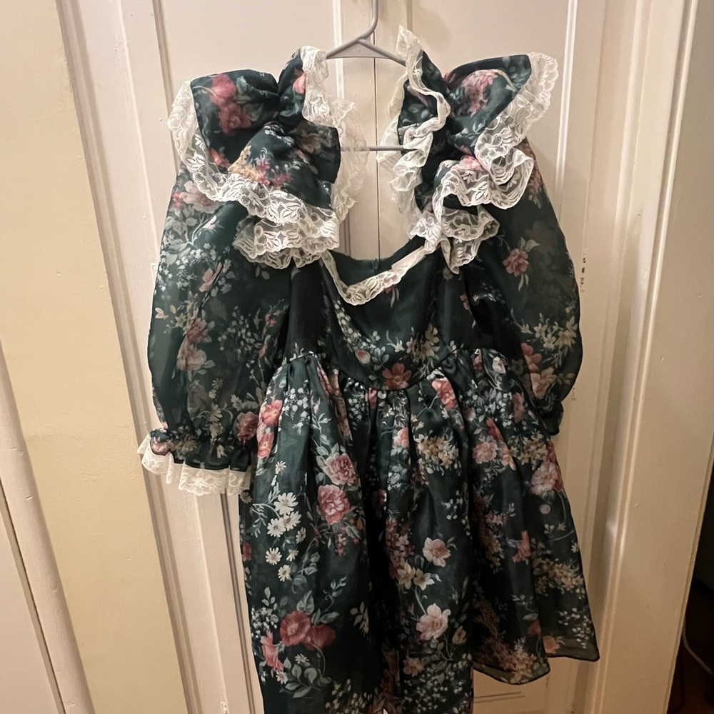 Selkie Green Gables Sugarfrill Puff Dress - Floral Dress with White Lace Trim - Picture 4 of 7